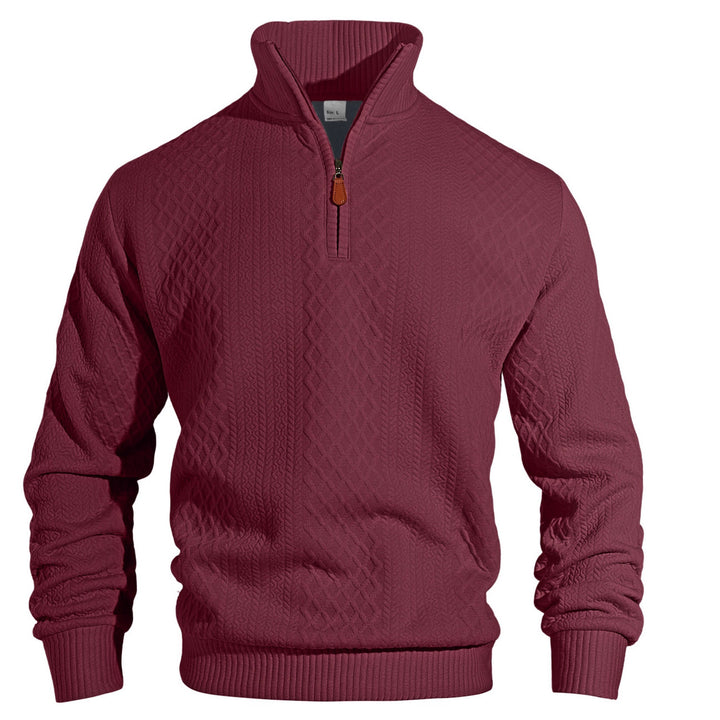 Herren nan feinstrukturierter Halbzip-Pullover im Jacquard-Relief mit hohem Stehkragen und Leder-Zipper Drune