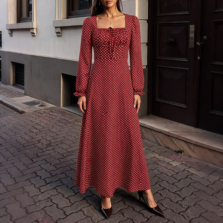 Damen Retro-Maxikleid mit quadratischem Ausschnitt, geraffter Brustpartie und langen Ärmeln Drune