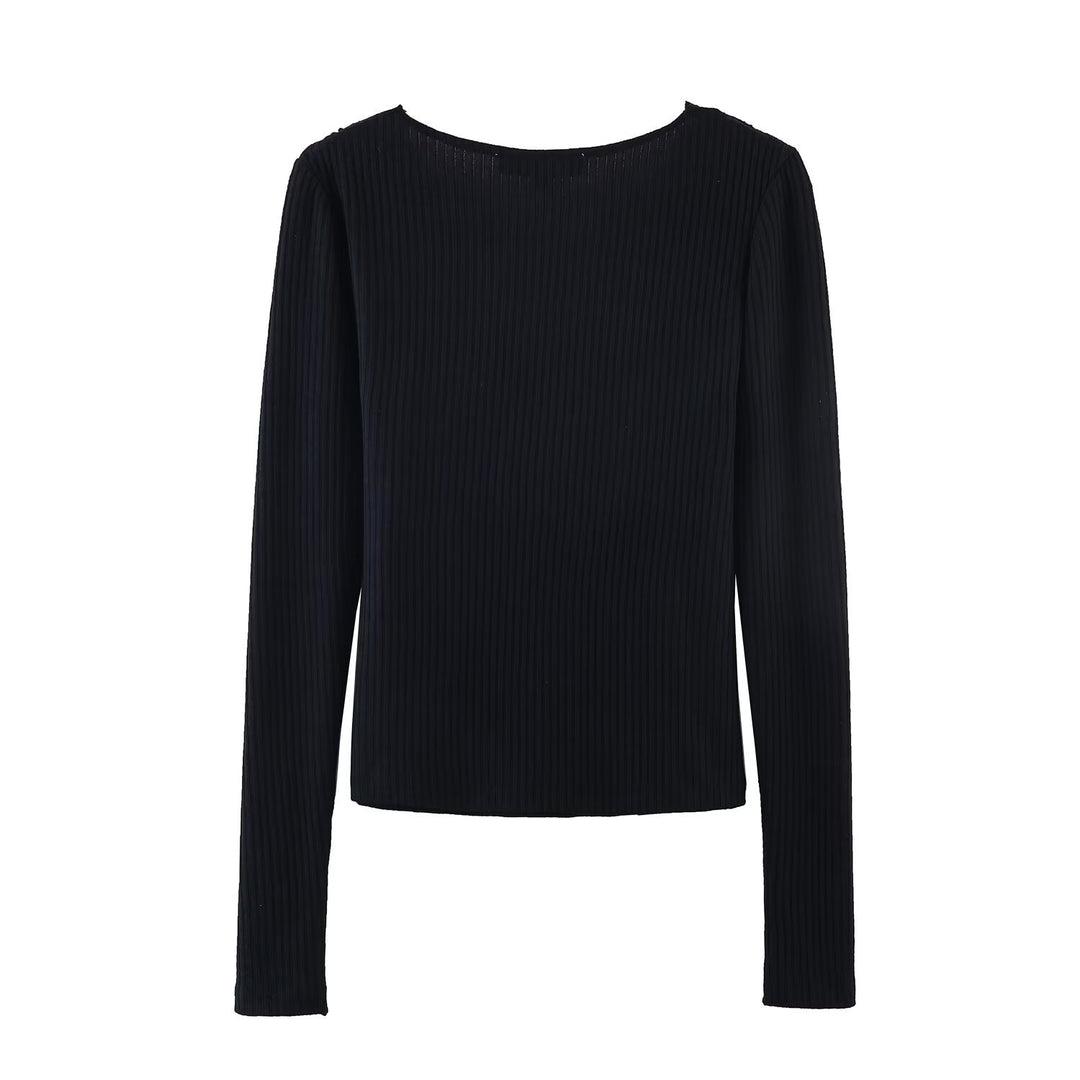 Damen Geripptes Cropped-Langarmtop mit Spitzen-V-Ausschnitt und Bindeband Drune