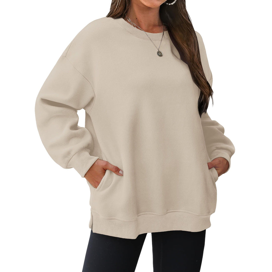 Damen nan verlängertes Oversize Rundhalspullover mit seitlichen Eingrifftaschen, Rippbündchen und überschnittener Schulter Drune