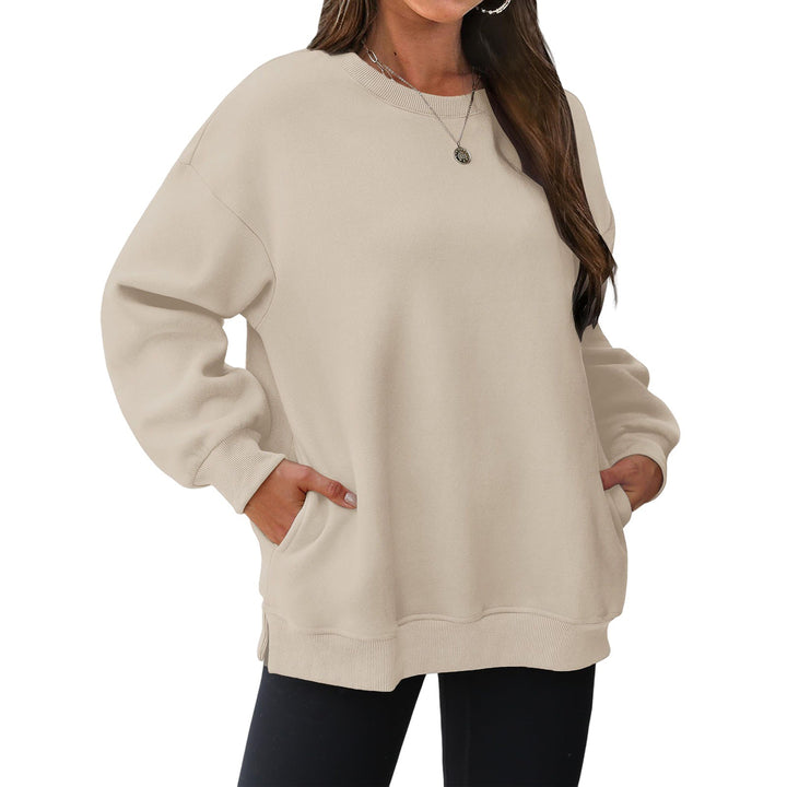 Damen nan verlängertes Oversize Rundhalspullover mit seitlichen Eingrifftaschen, Rippbündchen und überschnittener Schulter Drune
