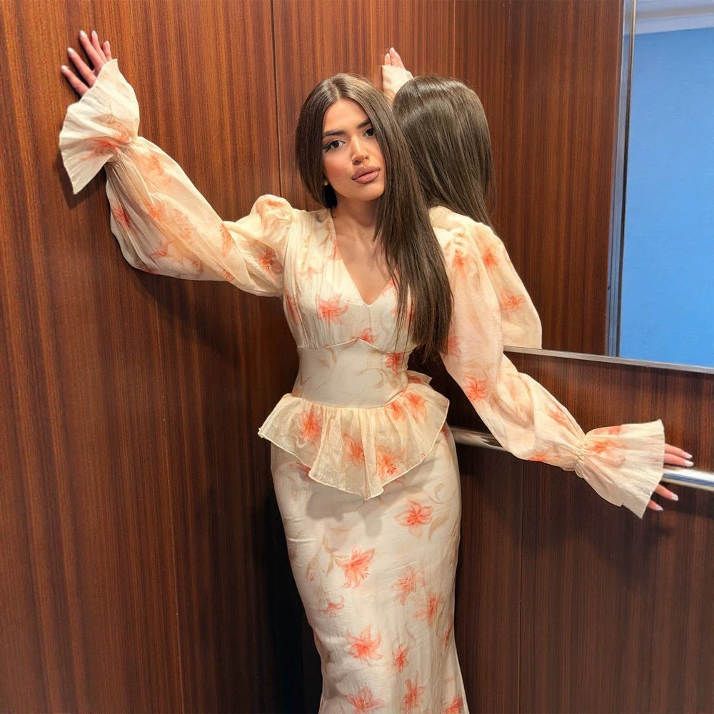 Damen Midaxi-Kleid mit Schößchen, V-Ausschnitt und voluminösen Puffärmeln Drune