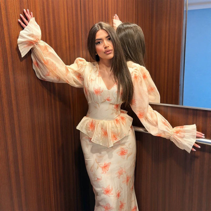Damen Midaxi-Kleid mit Schößchen, V-Ausschnitt und voluminösen Puffärmeln Drune