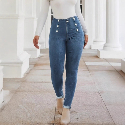 Damen Hochtaillierte, figurformende Skinny-Jeans mit doppelter Zierknopfleiste Drune