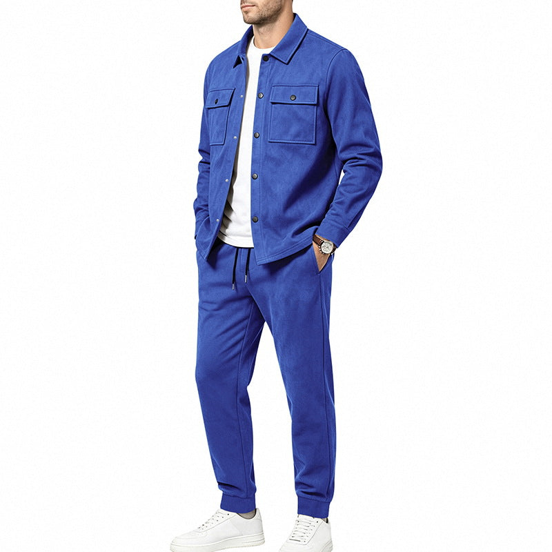 Herren nan Velours-Lounge-Set mit Overshirt, aufgesetzten Brusttaschen und tapered Jogginghose Drune