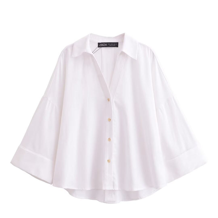 Damen nan lockere oversized Hemdbluse mit weitem Kragen und Dreiviertelärmeln Drune