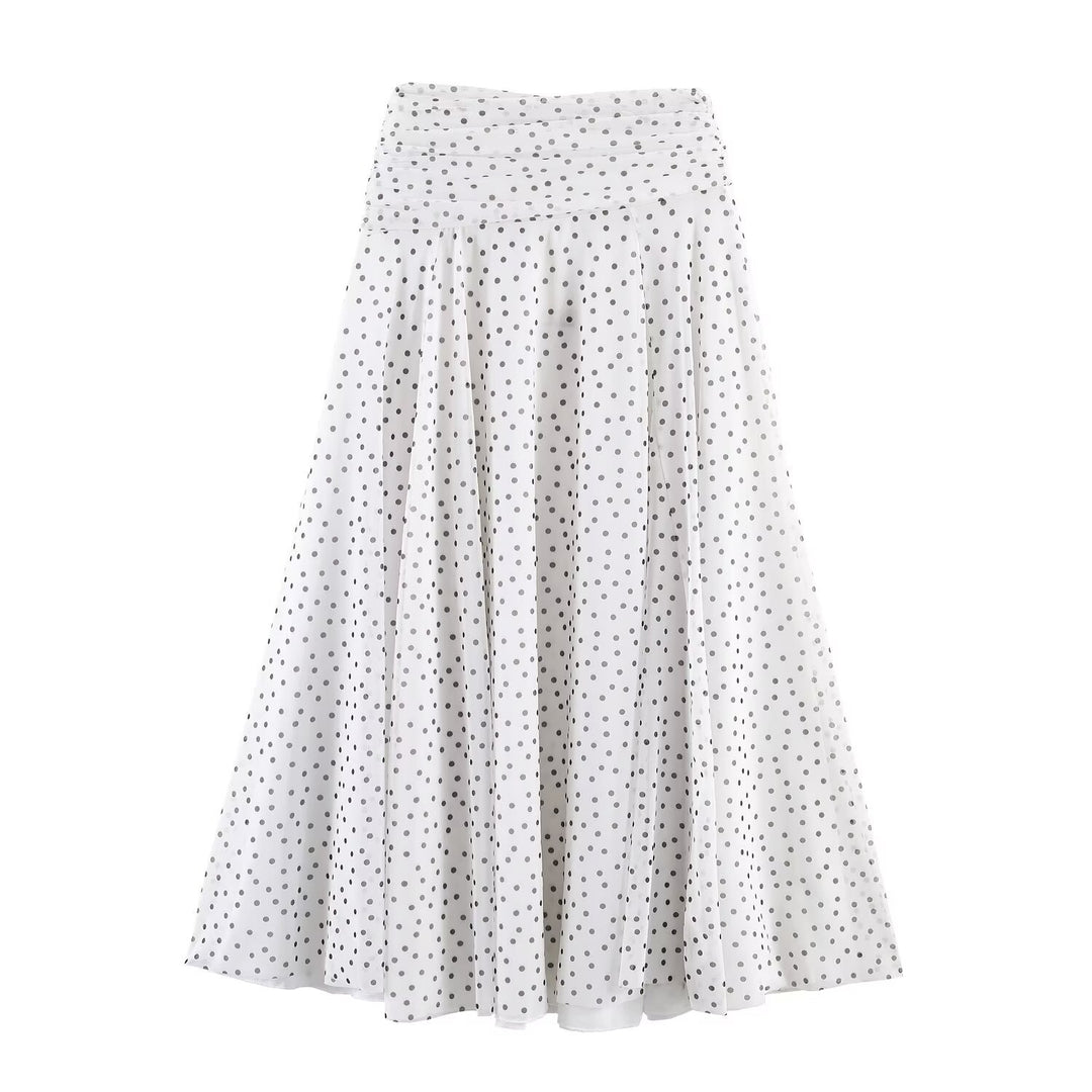 Damen Polka-Dot Midirock mit hohem Bund, A-Linie und mehrlagigem Chiffon Drune