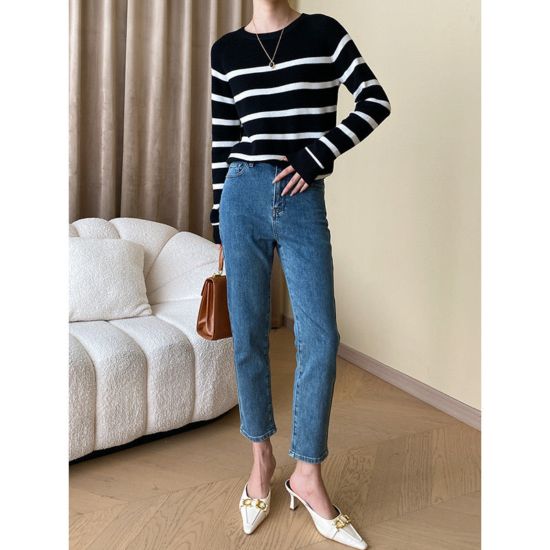 Damen gestrickter Pullover mit breiten Streifen und eleganter Passform Drune