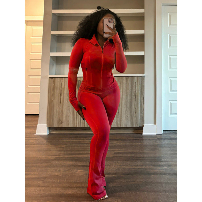 Damen figurbetonender Jumpsuit mit Hochkragen und durchgehendem Reißverschluss Drune