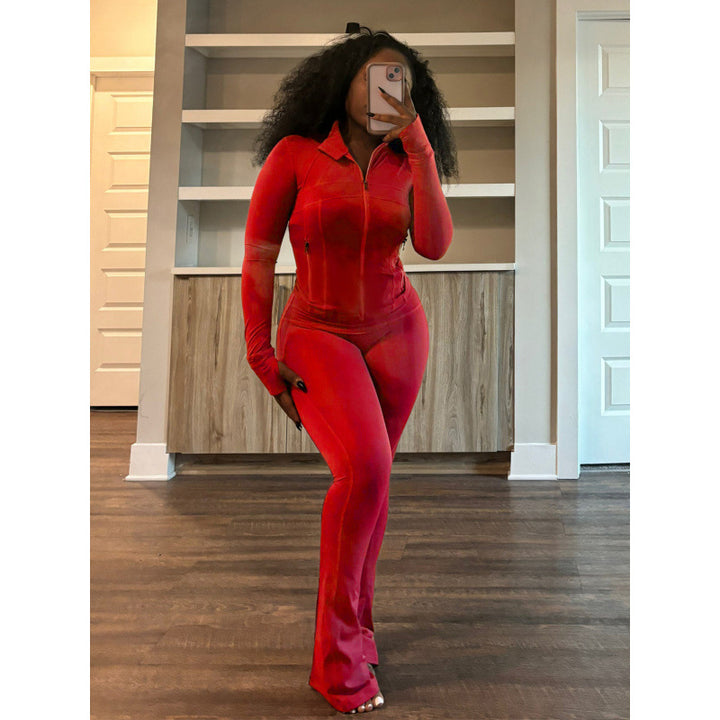 Damen figurbetonender Jumpsuit mit Hochkragen und durchgehendem Reißverschluss Drune