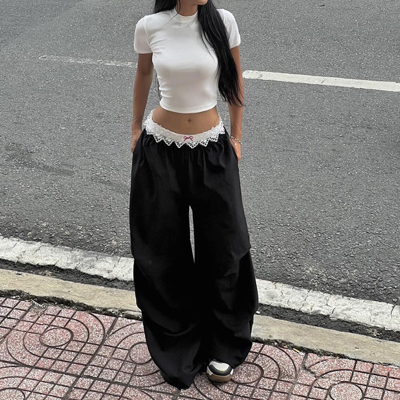 Damen Lässige Lagenhose mit Spitzenbund und Zierschleife Drune