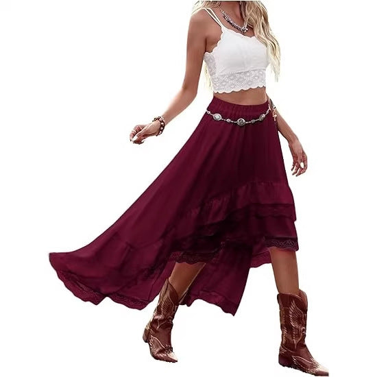 Damen Boho Maxi-Rock mit asymmetrischem Saum und Spitzenverzierungen Drune