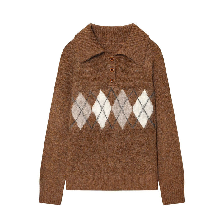 Damen Grobgestrickter Pullover mit Polokragen, 3‑Knopf‑Leiste und Argyle‑Dekor Drune