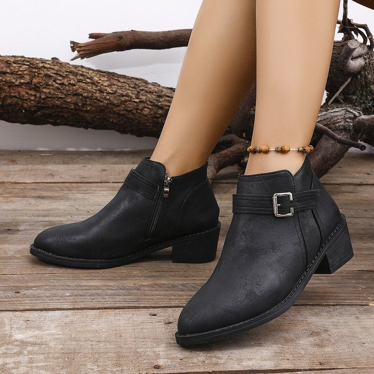 Damen Kurzschaft‑Ankle‑Boots mit seitlichem Reißverschluss, Zier­schnalle und geflochtener Keil‑Optik Drune