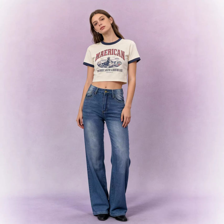 Damen nan hochgeschnittene Jeans mit schmaler Hüftpassform und weitem Schlag im Retro-Stil Drune