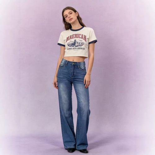 Damen nan hochgeschnittene Jeans mit schmaler Hüftpassform und weitem Schlag im Retro-Stil Drune