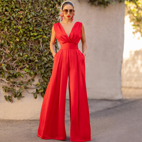 Drune | Jumpsuit Hohe Taille Ärmellos Tiefer V-ausschnitt Weite Beinform Elegante Passform