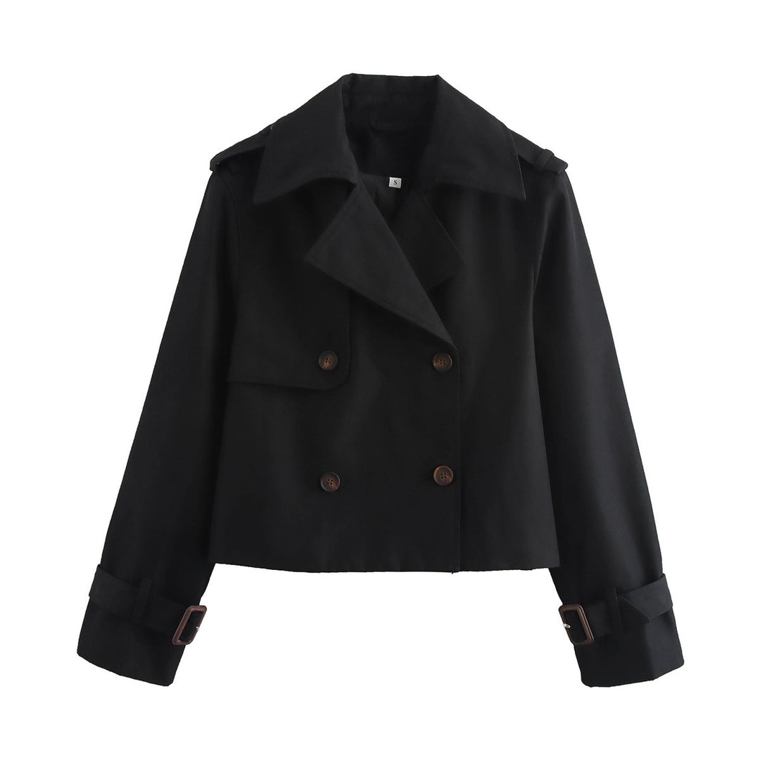 Damen nan cropped Trenchjacke mit Doppelreiher, Epauletten und verstellbaren Schnallenmanschetten Drune