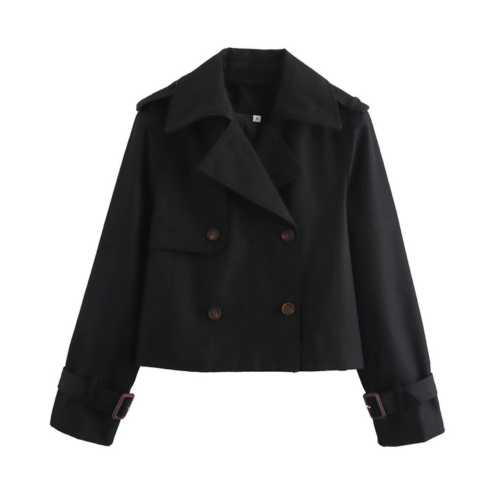 Damen nan cropped Trenchjacke mit Doppelreiher, Epauletten und verstellbaren Schnallenmanschetten Drune