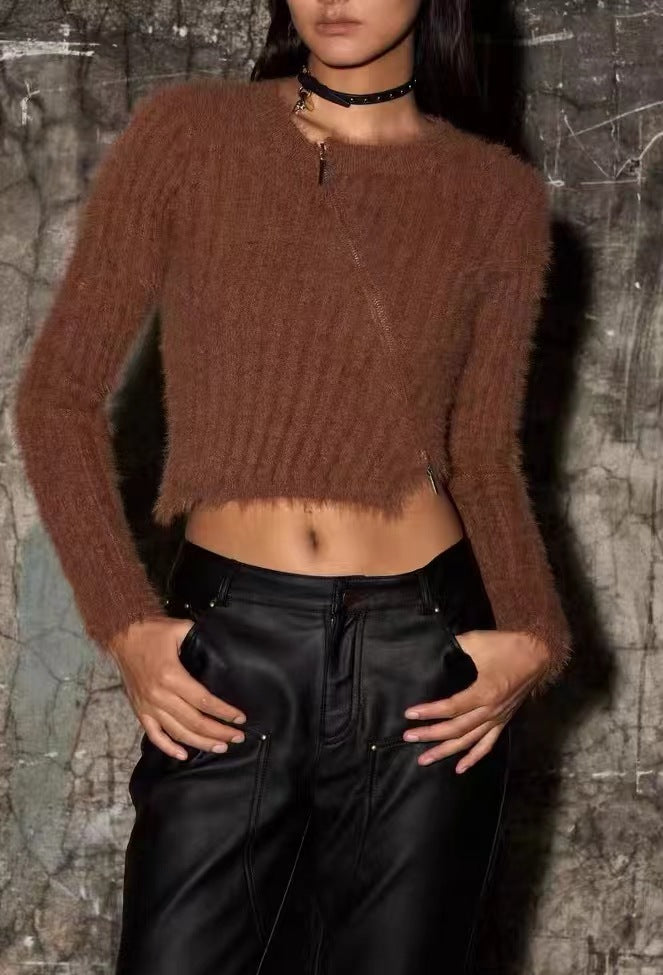 Damen Fluffy Pullover mit modischem Schnitt und praktischen Reißverschluss Drune