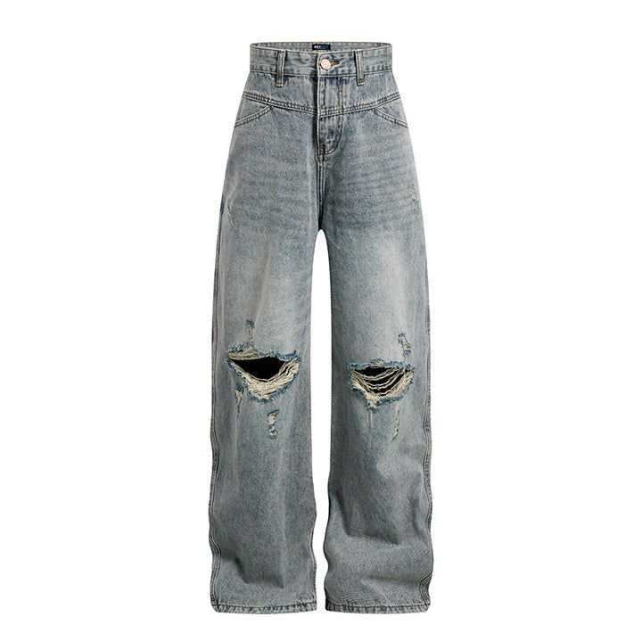 Damen Weite hochgeschnittene Palazzo-Jeans mit Destroyed-Kniepartie Drune
