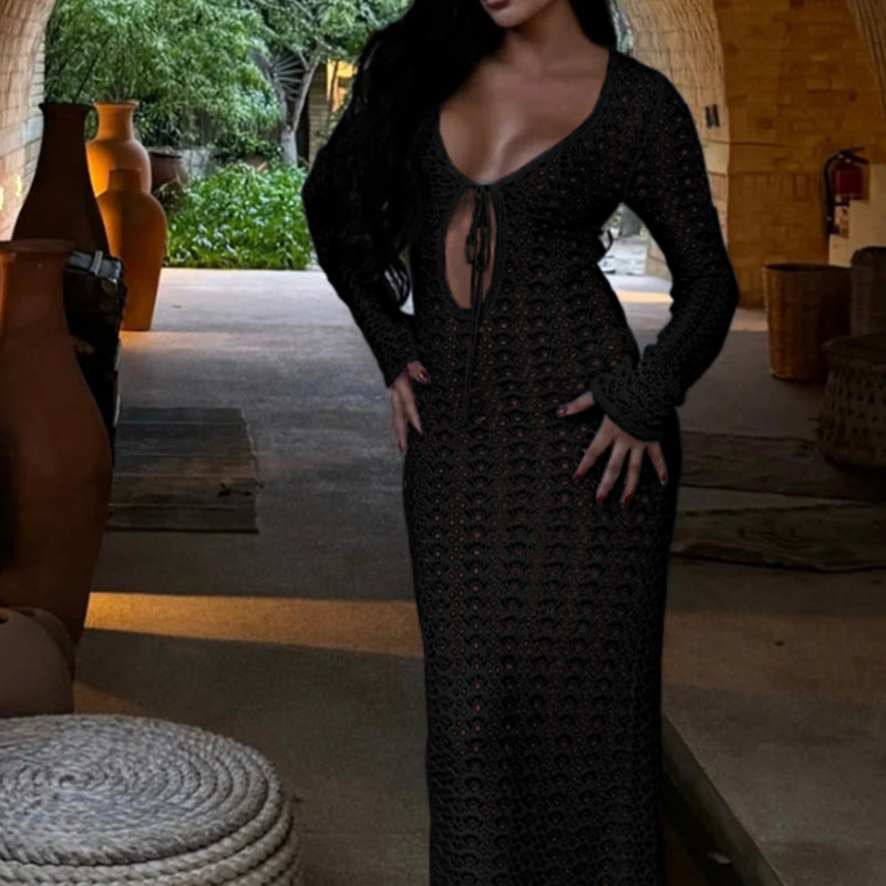 Damen Elegantes gehäkeltes Strandkleid mit tiefem V-Ausschnitt und luftiger Struktur Drune