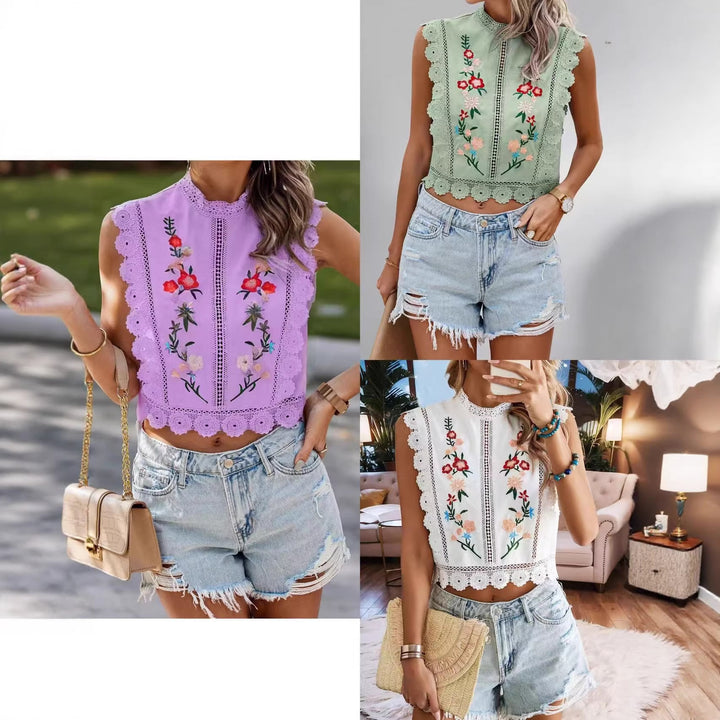 Damen Besticktes Spitzen-Cropped-Top mit Stehkragen und Häkelkanten Drune