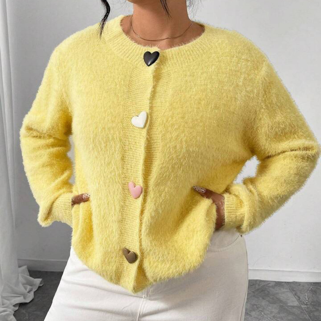 Damen Kuscheliger Flausch-Cardigan mit bunten Herzknöpfen und kastiger Silhouette Drune