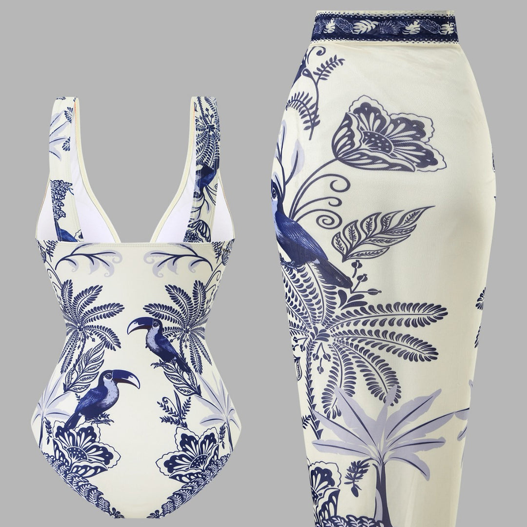 Damen Einteiliger Badeanzug mit floralem Design und elegantem Wickelrock Drune