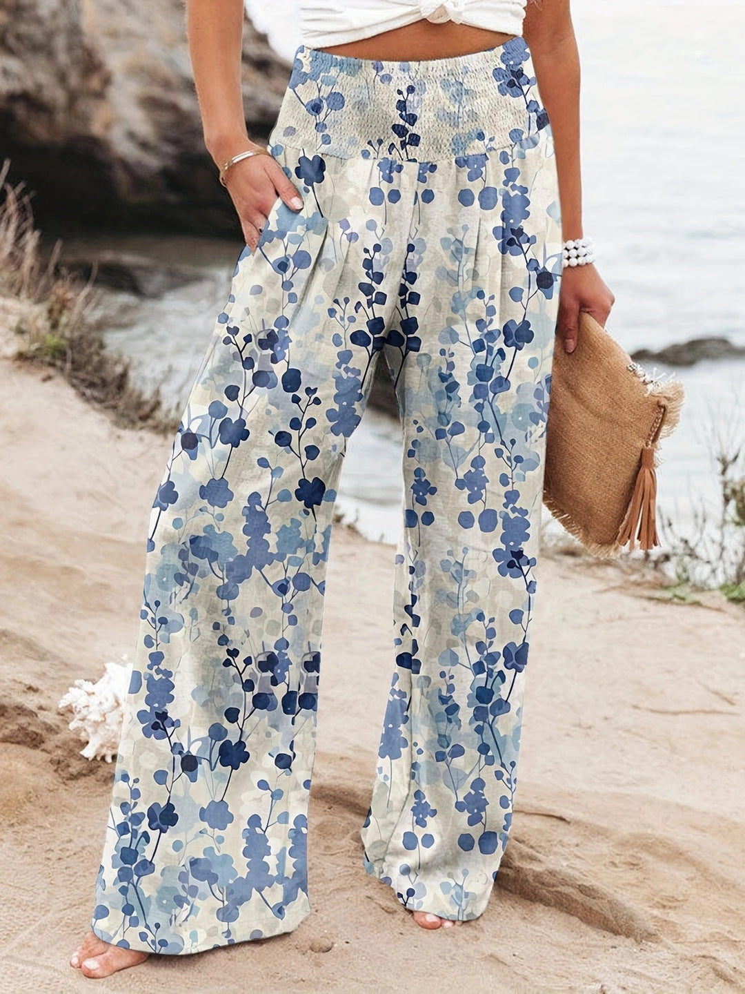 Damen Palazzo-Hosen mit floralem Druck und elastischem Bauchbund Drune