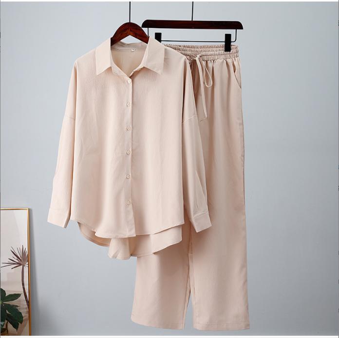 Damen nan lockeres zweiteiliges Lounge-Set mit Oversize-Hemd und elastischer Bundhose Drune