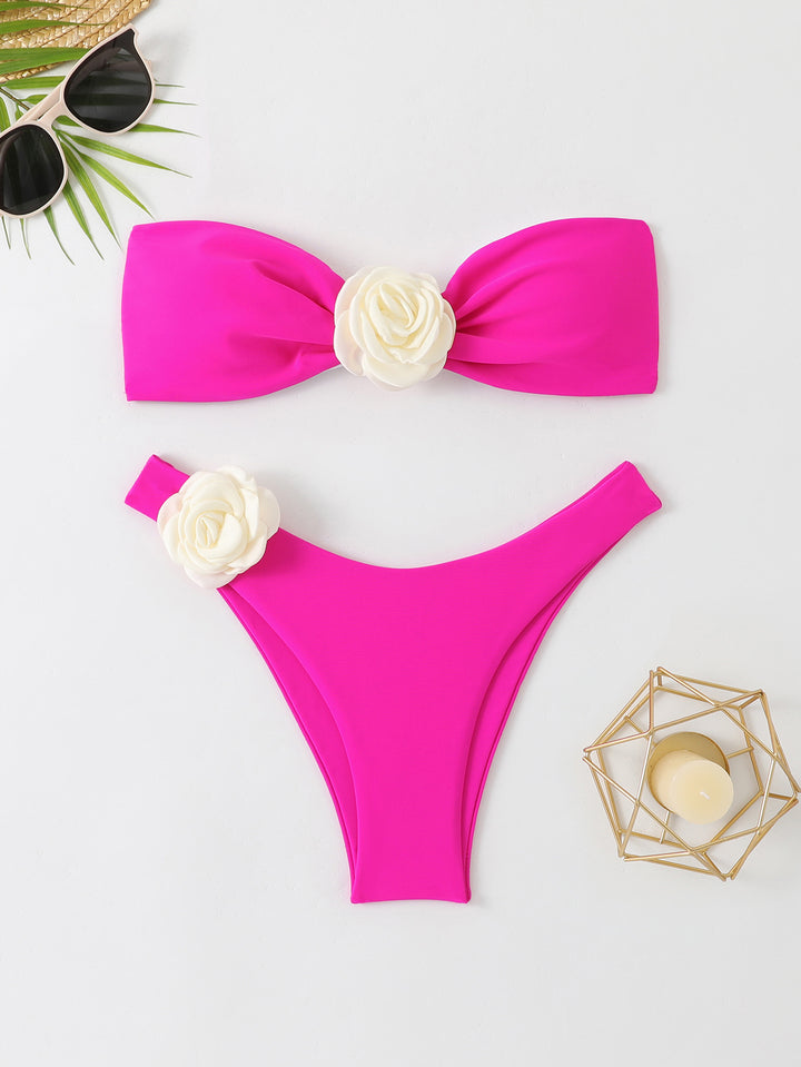 Damen Bandeau Bikini mit eleganter Blütenverzierung Drune