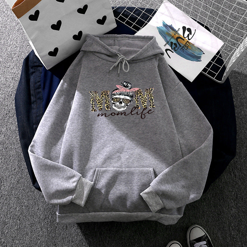 Damen nan Kapuzenpullover mit "Momlife" Skull-Print, Kängurutasche, weichem Fleece-Innenfutter und lockerer Oversize-Passform Drune