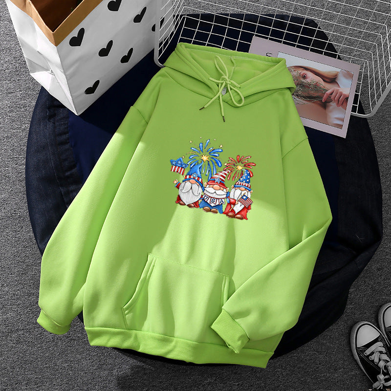 Damen nan Kapuzenpullover mit patriotischem Gartenzwerg-Print, angerautem Fleece-Innenfutter, Oversize-Schnitt und Kängurutasche Drune
