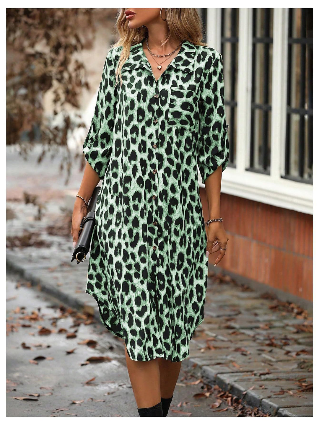 Damen Stylisches Leopardenmuster Langes Knopf-up Kleid Drune