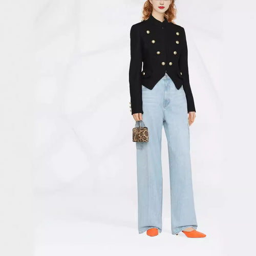 Damen Taillierter Kurzer Military‑Blazer mit Zierknöpfen und Stehkragen Drune