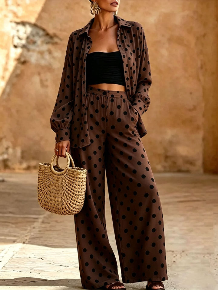 Damen Zweiteiliges Punkte-Loungewear-Set mit weitem Hemd und Palazzo-Hose Drune
