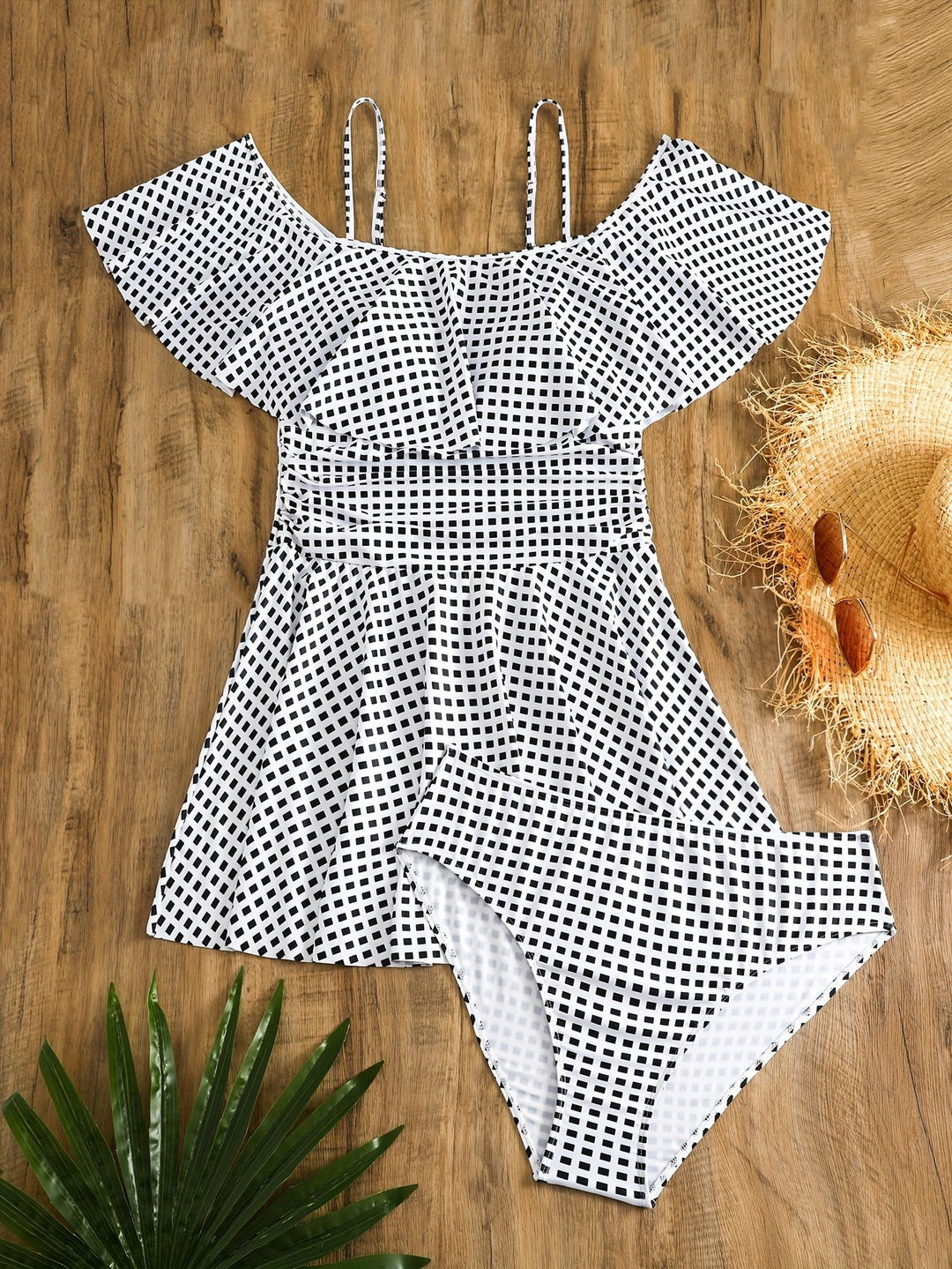 Damen Badeanzug-Set mit Rüschendetails und elegantem Karomuster Drune