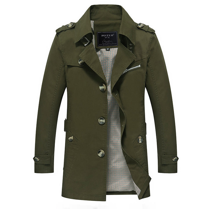 Herren Trenchcoat im Fieldstil mit Stehkragen, Schulterklappen und kariertem Innenfutter Drune