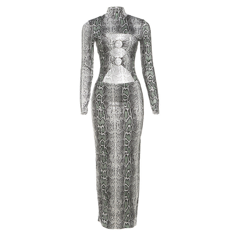 Damen Maxikleid mit elegantem Schlangenhautmuster und hoch geschlossenem Kragen Drune