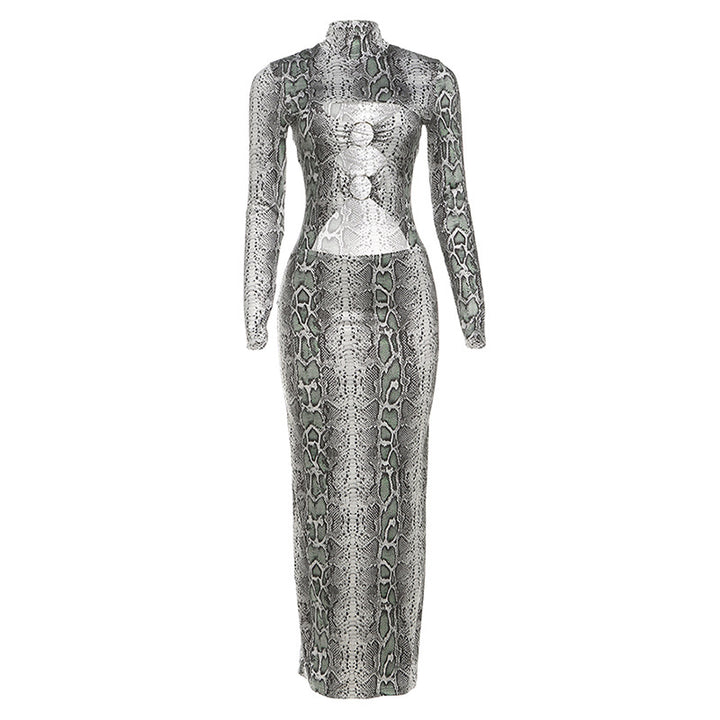 Damen Maxikleid mit elegantem Schlangenhautmuster und hoch geschlossenem Kragen Drune