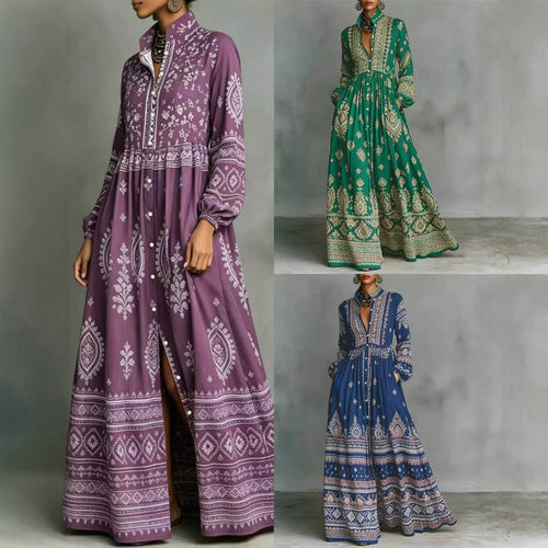 Damen Maxikleid im Boho‑Ethno‑Stil mit Stehkragen, durchgehender Knopfleiste und Eingrifftaschen Drune