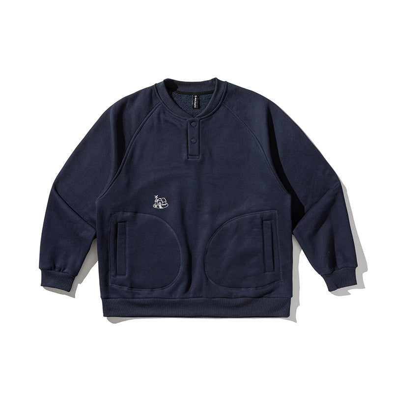 Herren Oversize-Sweatshirt mit Henley-Knopfleiste, Raglanärmeln und runden Fronttaschen Drune