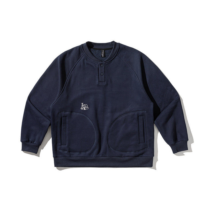 Herren Oversize-Sweatshirt mit Henley-Knopfleiste, Raglanärmeln und runden Fronttaschen Drune