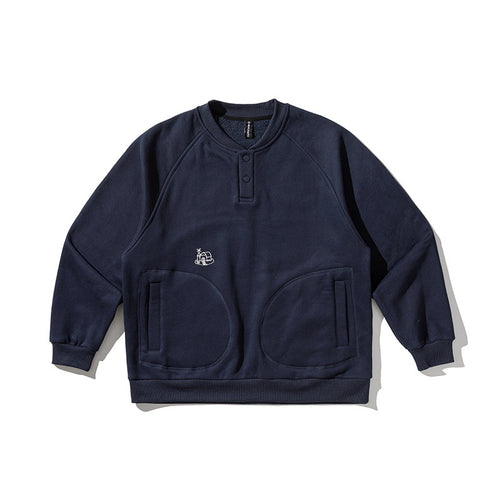 Herren Oversize-Sweatshirt mit Henley-Knopfleiste, Raglanärmeln und runden Fronttaschen Drune