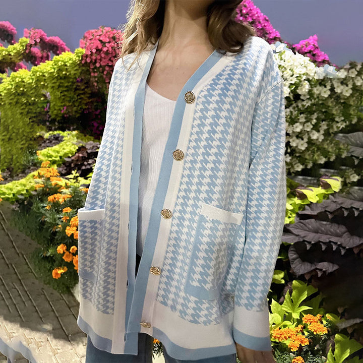 Damen Strickcardigan mit klassischem Hahnentritt-Muster und Knopfleiste Drune