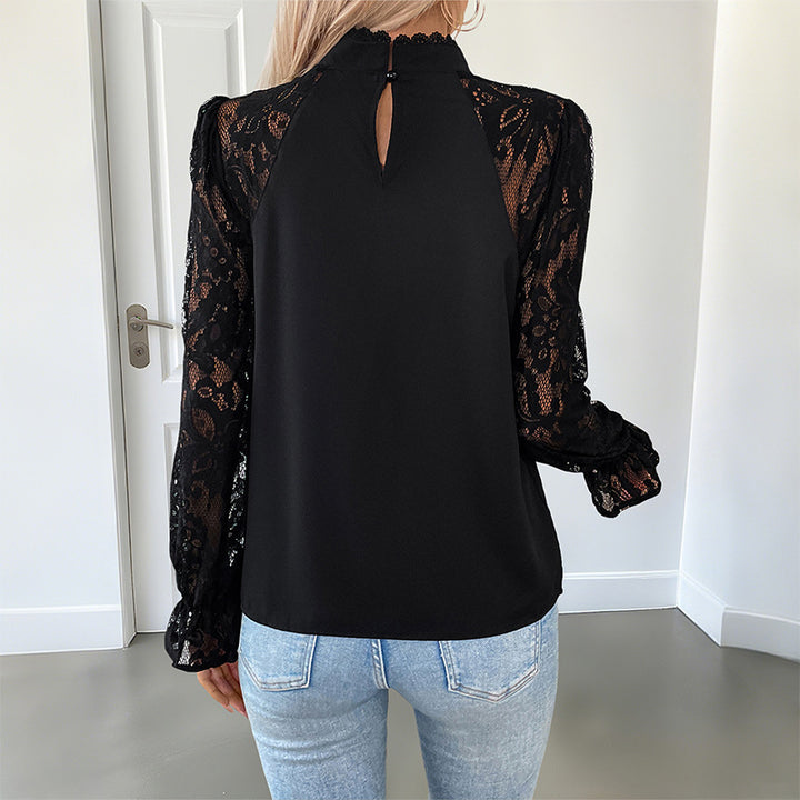 Damen Elegant-romantische Bluse mit gehäkelten Spitzenärmeln, Stehkragen und vertikalen Ziernähten Drune