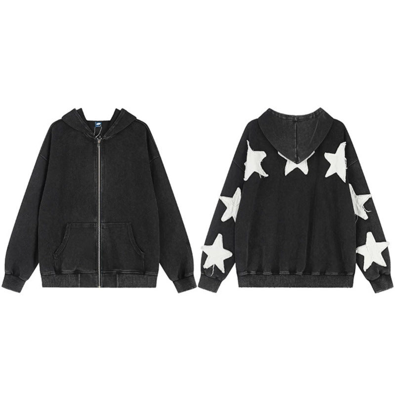 Damen Oversize Kapuzen-Sweatshirt mit Stern-Applikationen und Vintage-Waschung Drune