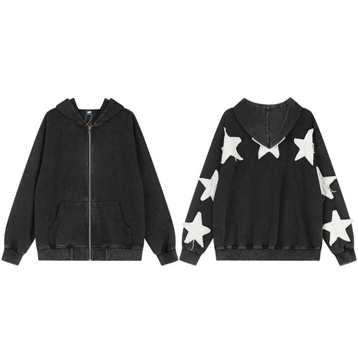 Damen Oversize Kapuzen-Sweatshirt mit Stern-Applikationen und Vintage-Waschung Drune