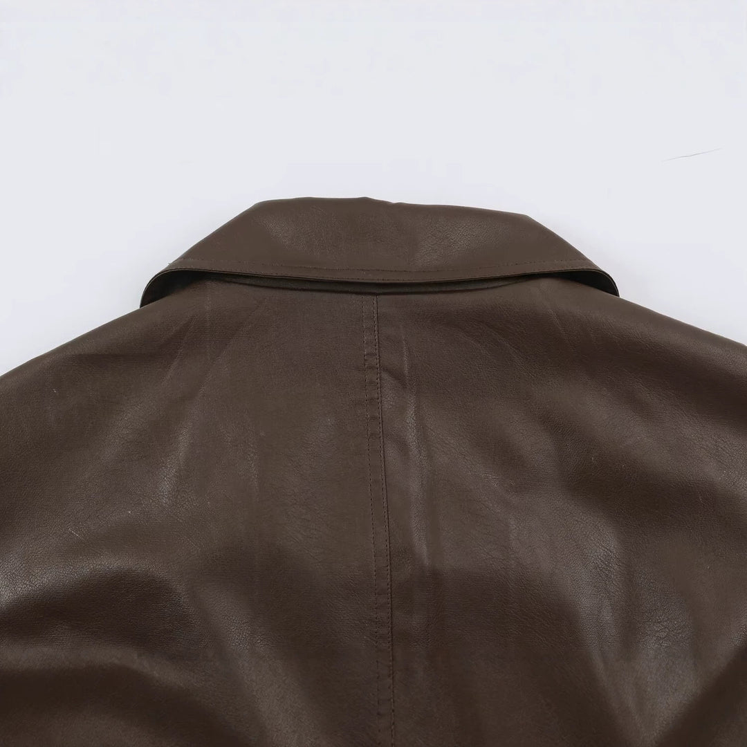 Damen Taillierte Lederoptik-Jacke mit asymmetrischer Knopfleiste und Bindegürtel Drune